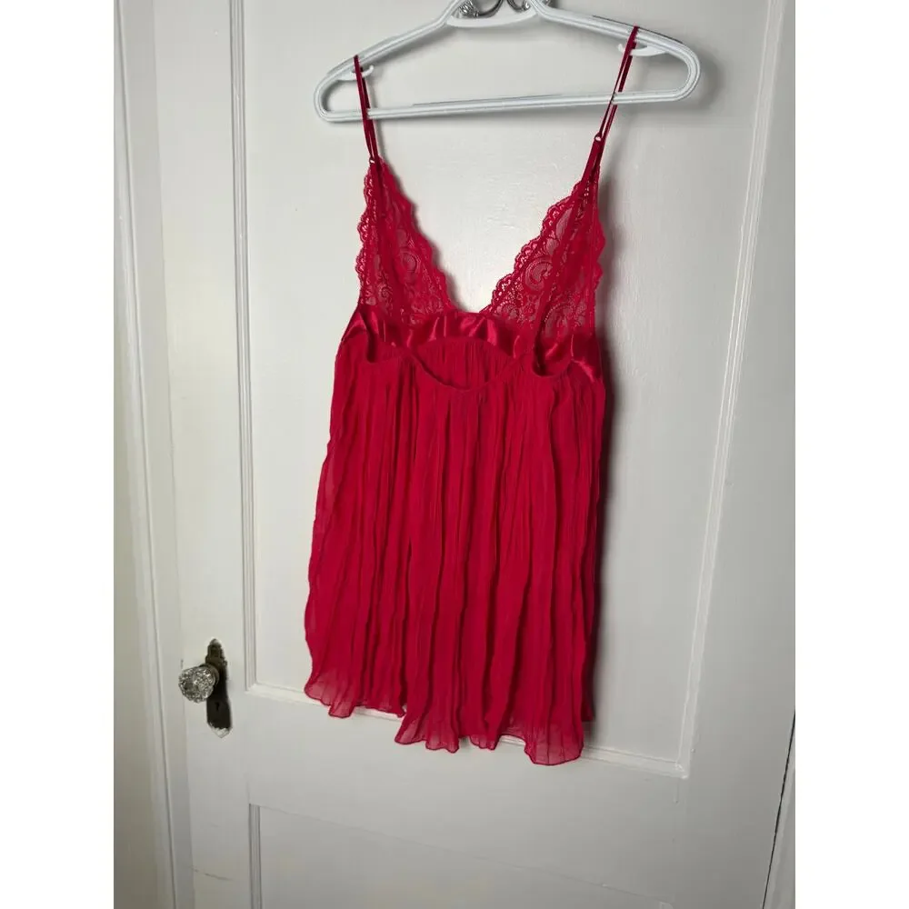 Victoria's Secret Red Lace Pleated Babydoll Chemise Slip Lingerie Women's Size L